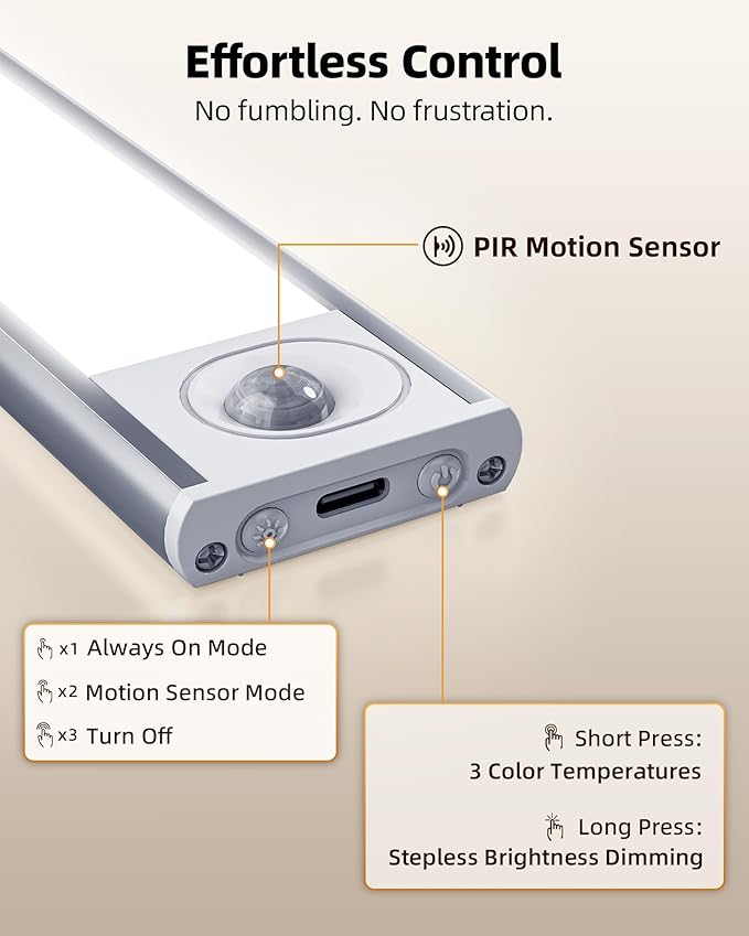 8inch Under Cabinet Lighting Wireless, 3-Pack Rechargeable Battery Motion Sensor Light Indoor, LED Closet Lights USB Charging, 3 Color Dimmable Under Cabinet Lights for Kitchen, Cabinet, Wardrobe.