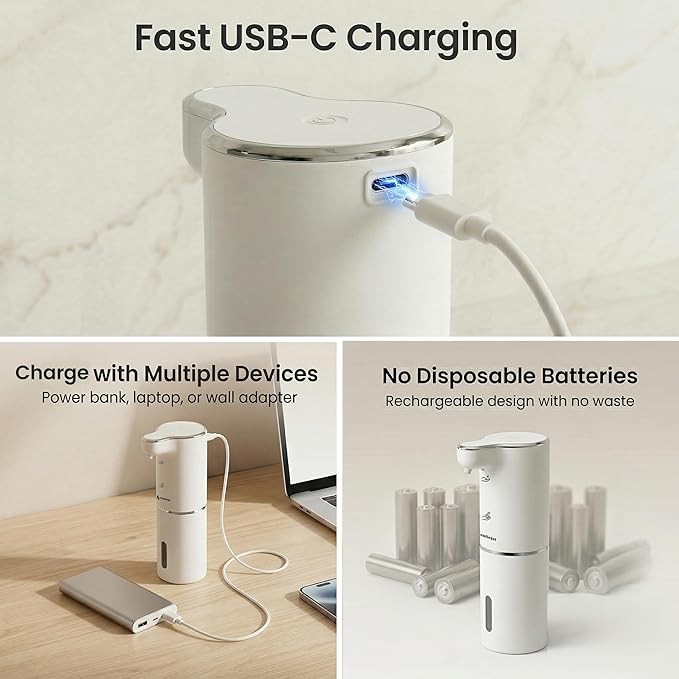 GentleJet JetFoam Automatic Foam Soap Dispenser Touchless Sensor, USB-C Rechargeable, Adjustable Output, IPX5 Waterproof, 300 ml, Bathroom & Kitchen Countertop