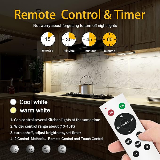 Remote Control Under Cabinet Lighting Wireless 6 Pack, 20-LED Dimmable Closet Lights Rechargeable Under Counter Light, Stick on Touch Night Light Strip Bar for Kitchen Stairway Bedroom, 3 Colors