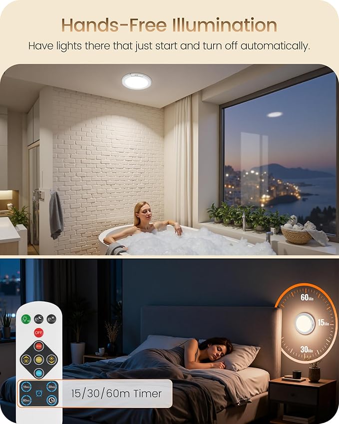 2 Pack Rechargeable Motion Sensor Ceiling Lights with Remote, Wireless Ceiling Light Battery Operated, Magnetic, 3CCT, Dimmable Shower Light, Motion Activated Light for Closet Bathroom Stairs Pantry
