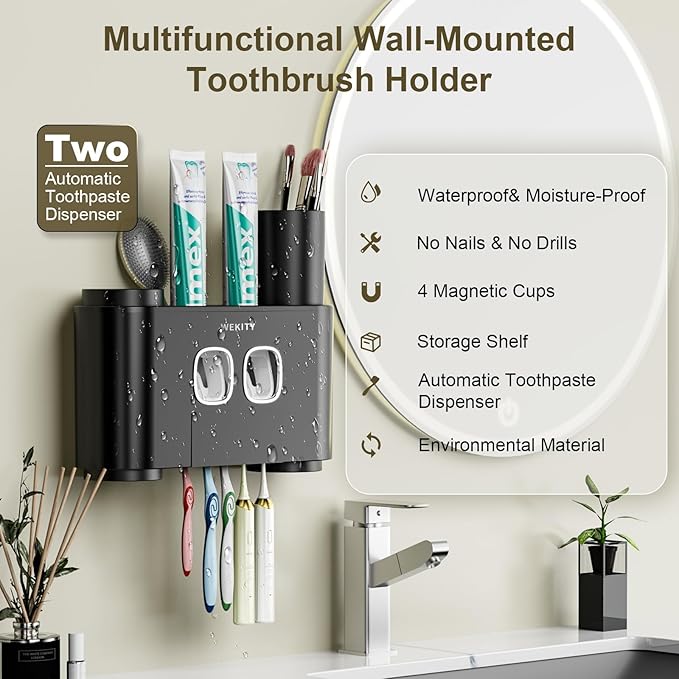 Toothbrush Holder Multi-Function Wall-Mounted, Automatic Toothpaste Dispenser & Dust-Proof Toothbrush Holder with 5 Brush Slots 4 Cups 2 Automatic Toothpaste Dispensers 1 Storage Slot (Black)