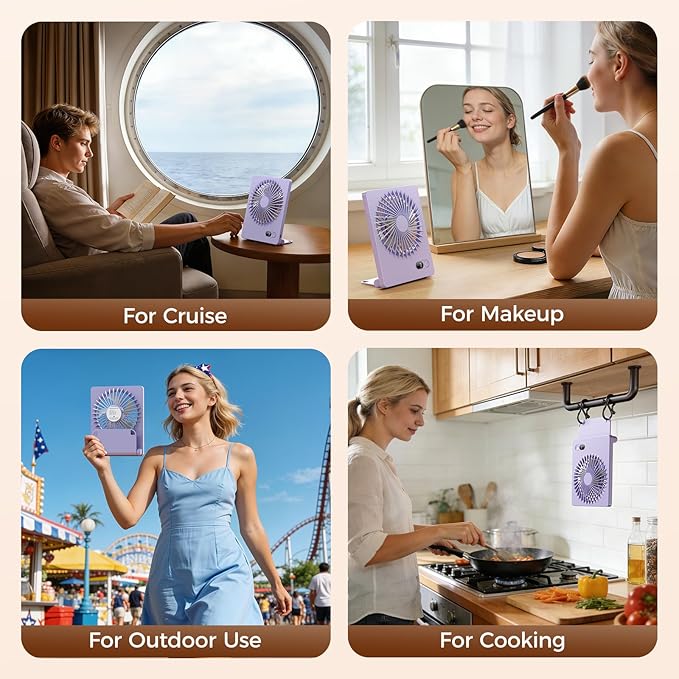 Zuvas Desk Fan Battery Operated Fan Rechargeable 180°Tilt Folding Personal Fan Ultra Quiet Small Portable 3 Speed Adjustable Strong Wind Fan For Office Bedroom Home Desktop Camping (Light Purple)