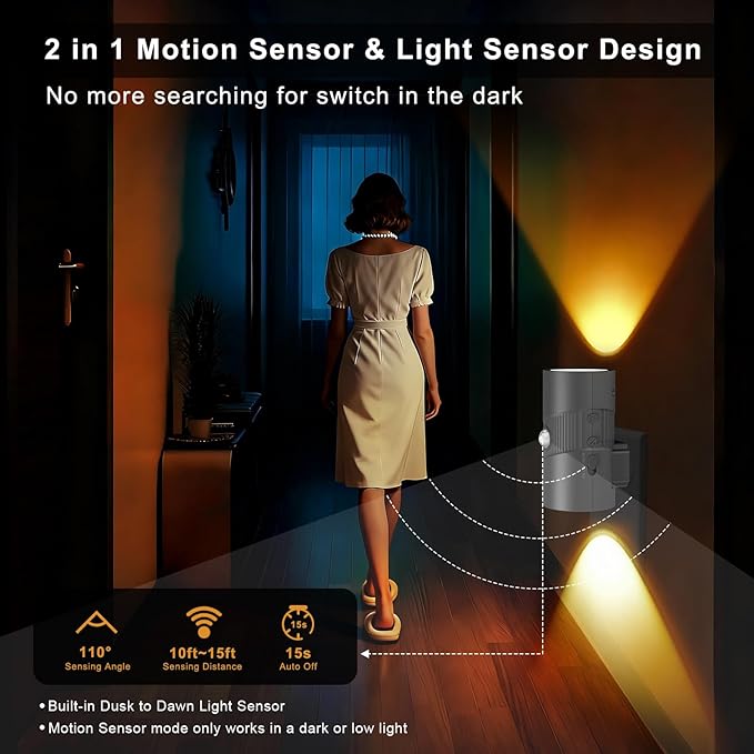easuntec Motion Sensor Night Light, Night Lights Plug into Wall, Motion Sensor & Dusk to Dawn Sensor, 3 Light Modes, Dimmable Night Light for Bedroom Bathroom Hallway Stair (Black, 2 Pack)