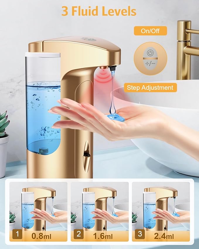Automatic Soap Dispenser, 2 Pack Touchless Liquid Soap Dispensers, 370ml Battery Operated Hand & Dish Soap Dispenser with Infrared Sensor, 3 Dispensing Levels for Kitchen Bathroom, Gold