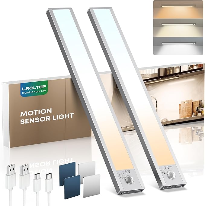 LROLTEF Under Cabinet Lights Wireless, 2 Pack 8.3 inch 1500mAh 3000K 4000K 6500K 3 Color Temps Dimmable Motion Sensor Light Indoor, Rechargeable LED Under Counter Lights for Kitchen, Stairs, Closet