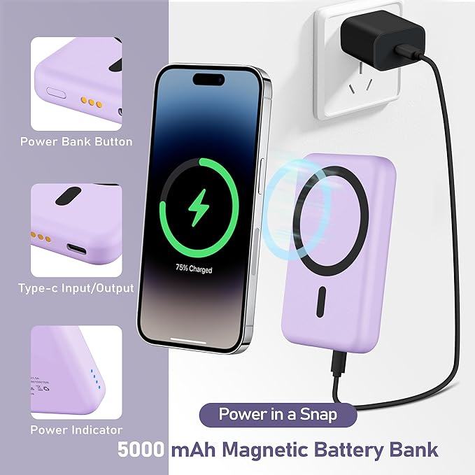 Smtcsl 3 in 1 Wireless Charging Station: 5000mAh Removable Power Bank Charger Stand for Phone/Watch/Air Pods - Portable Magnetic Battery Pack for Air 17 16 15 14 13 12 Series Purple