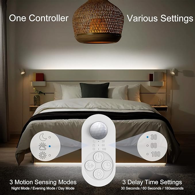 Under Cabinet Lights Plug-in Motion Sensor LED Strip Lights Indoor Cold White 6000K Super Bright 2000lm with 12V Adapter, Dimmer and Timer for Kitchen Cabinet, Shelf, Wardrobe, Stairway…