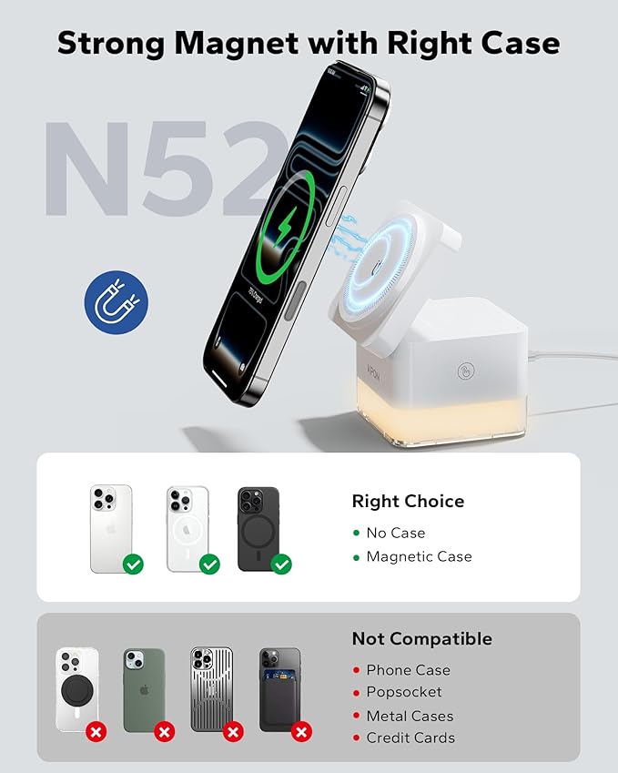 KPON 3 in 1 MagSafe-Compatible Charging Station for Apple, Nightstand Fast Wireless Charger, Foldable Cube, Charging Stand with Night Light, for iPhone 17/16/15/14/13/12, Apple Watch/AirPods, White