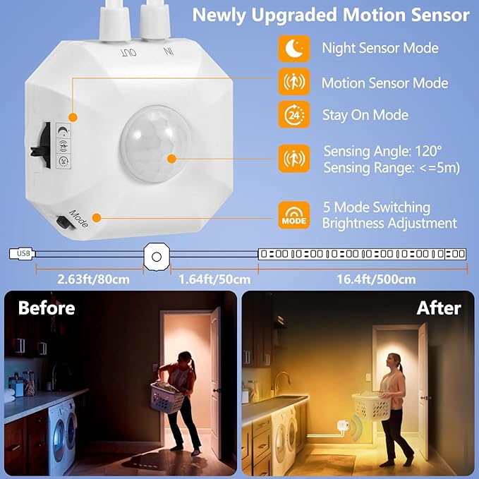 Motion Sensor Light Indoor Under Bed Lights, 16.4Ft Dimmable Motion Activated LED Strip Lights for Bedroom, Warm White USB Under Cabinet Lights Motion Sensor LED Strip for Kitchen Stair Closet