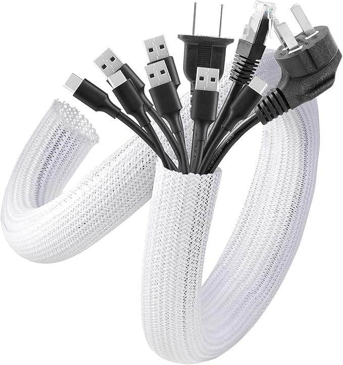 AGPTEK Cable Sleeve, 10ft - 1.5 inch Cable Management Desk Cord Cover Organizer Wire Hider for Home Office Computer TV Wire Loom Tubing Pet Proof Cord Protector from Cat Dog Chewing, White