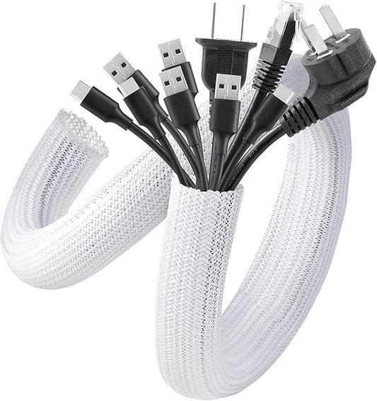 AGPTEK Cable Sleeve, 6.6ft - 1.5 inch Cable Management Desk Cord Cover Organizer Wire Hider for Home Office Computer TV Wire Loom Tubing Pet Proof Cord Protector from Cat Dog Chewing, White