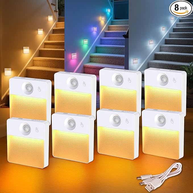 Guankai 8 Pack Rechargeable Motion Sensor Stair Light for Indoor, RGBW Battery Operated Closet Lights, Stick On Night Lamp, Motion Activated Magnetic Lighting Lamps for Step,Cabinet,Hallway,Bathroom