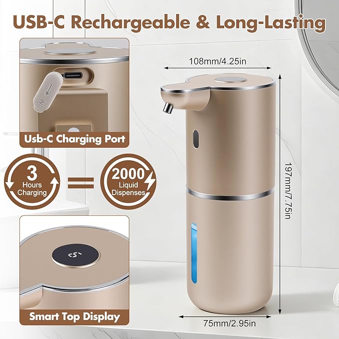Automatic Soap Dispenser, Hand Soap Dispenser 12.8oz/380ml Smart Rechargeable, Liquid Soap Dispensers with 6-Level Touchless, Wall Mounted or Countertop Dish Soap Dispensing for Bathroom & Kitchen