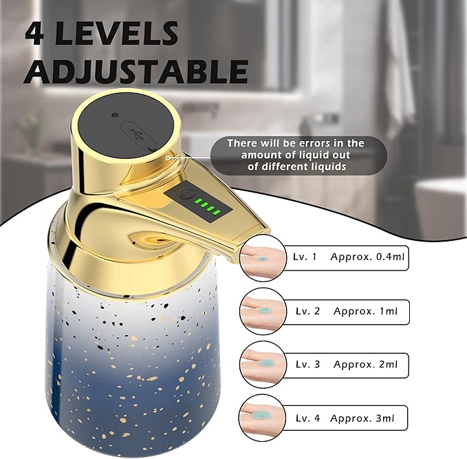 Adjustable Automatic Soap Dispenser Touchless, Ceramic Material，4 Adjustable Levels， Type-c Rechargeable Operated Sensor Liquid Soap Pump，Touch-Free Hand Sanitizer Dispenser (Starry Gold)