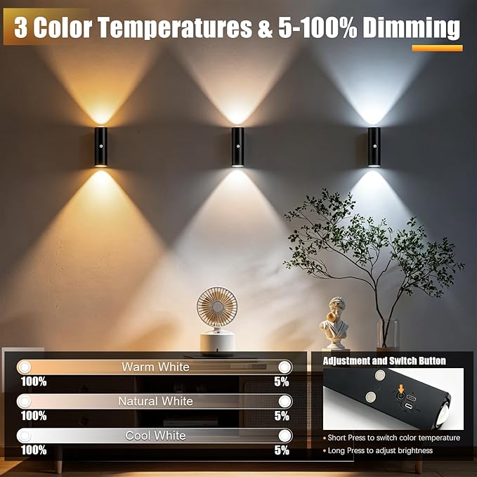 2 Pack Motion Sensor Wall Light, Rechargeable Wall Sconces Battery Operated with 3 Colors & Dimmable, Magnetic Wireless Wall Sconces for Stair Bedroom Hallway Bathroom (Black)
