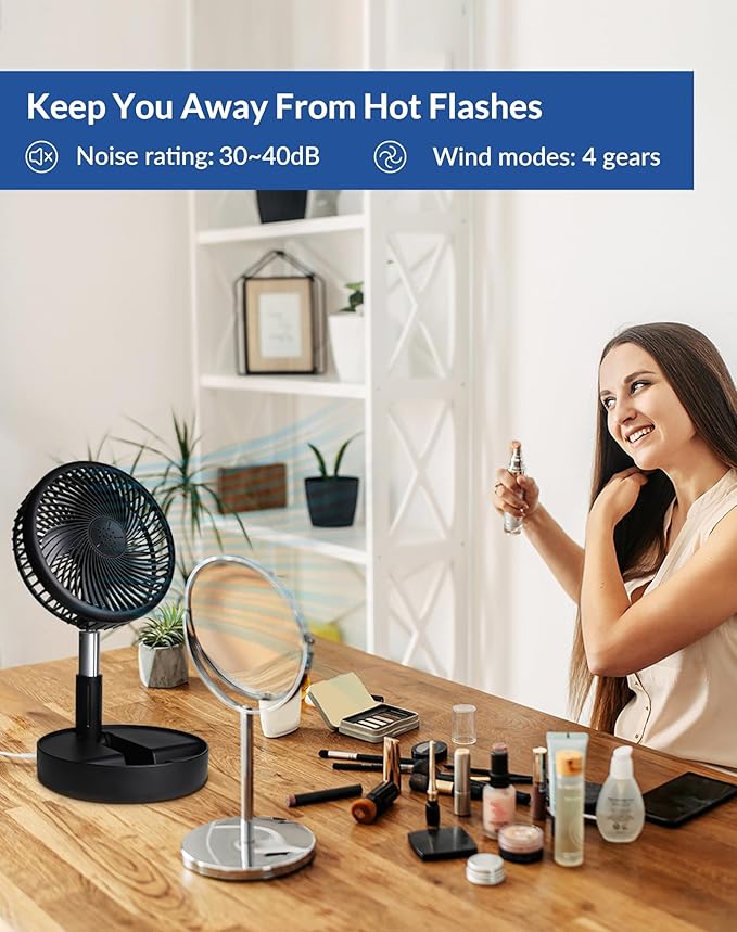 Primevolve Portable Fan,Battery Operated Rechargeable USB Fan with Remote, Foldable Floor Table Desk Pedestal Fan for Bedroom Camping Travel,Black 7.7"