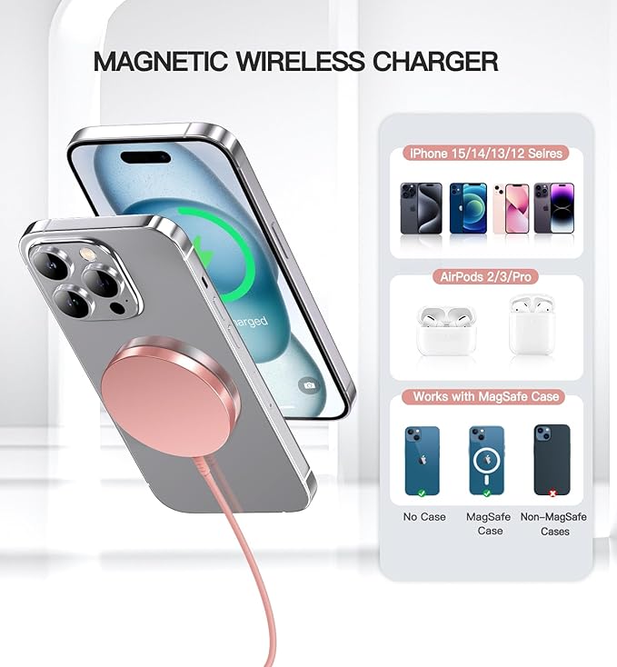 OANDYS Magnetic Wireless Charger 15W Fast Mag Safe Charger for Cell Phone 16 Pro Max/16 Pro/16 Plus/16/15/14/13/12 Series 2 Pack Charging Pad for AirPods 3/2/Pro 2/Pro Mag-Safe Original Replacement