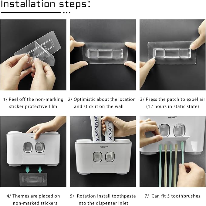 Toothbrush Holder WREWING Multi-Function Wall-Mounted Automatic Toothpaste Dispenser and Dust-Proof Toothbrush Holder with 5 Brush Slots 4 Cups 2 Automatic Toothpaste Dispensers 1 Storage Slot (Grey)