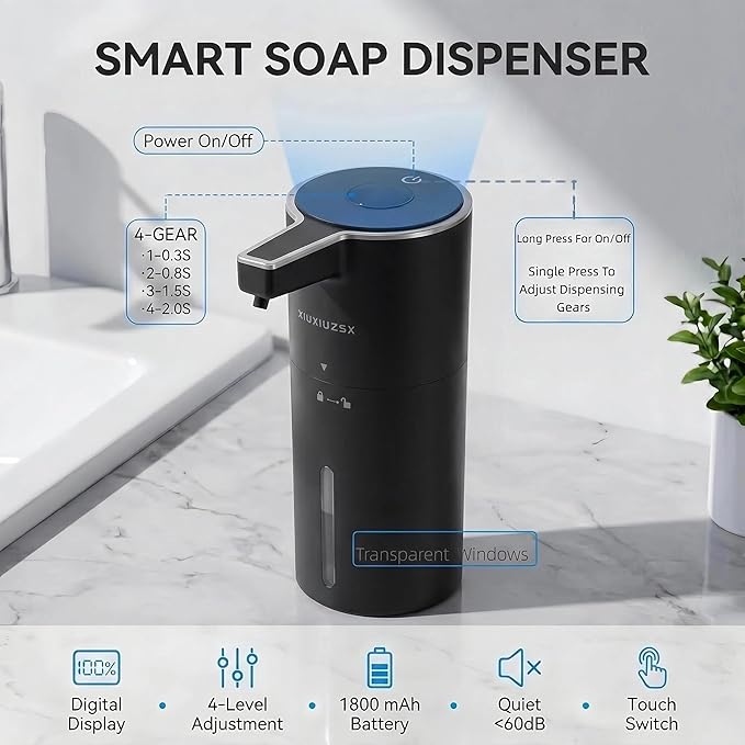 Automatic Soap Dispenser Liquid Touchless Upgrade Pump Uneasy Plugging Wall Mounted USB Rechargeable, 4-Level Adjustable 13.52oz Modern Electric Hand Soap Dispenser Kitchen Bathroom Kids Family Black