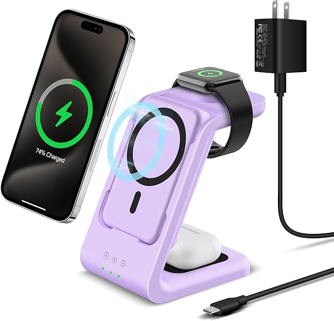 Smtcsl 3 in 1 Wireless Charging Station: 5000mAh Removable Power Bank Charger Stand for Phone/Watch/Air Pods - Portable Magnetic Battery Pack for Air 17 16 15 14 13 12 Series Purple