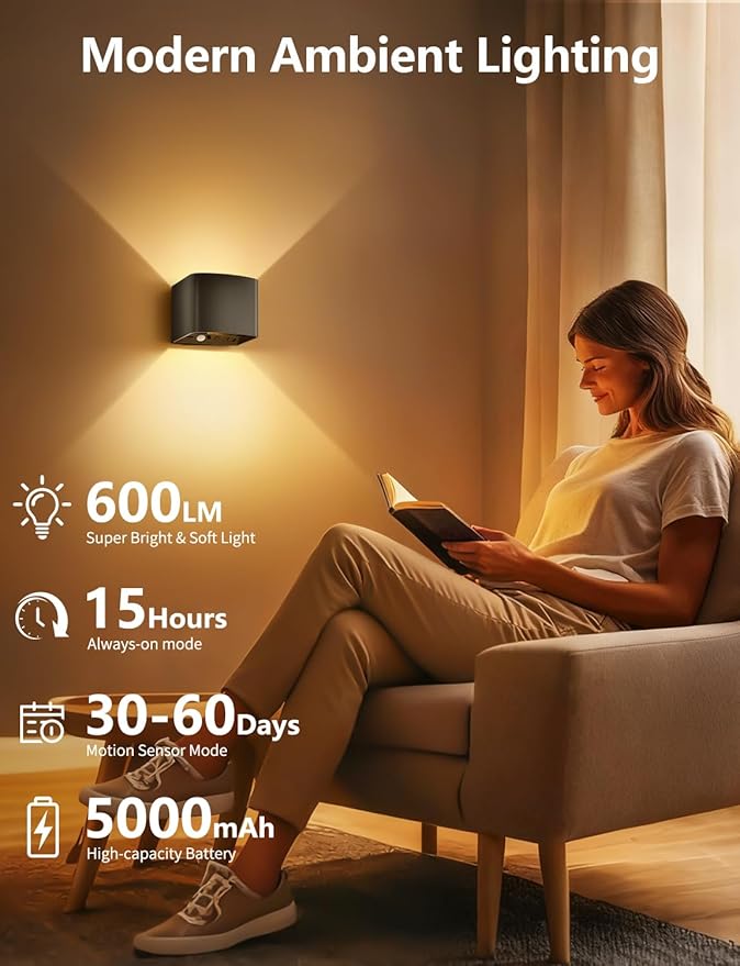 Rechargeable Motion Sensor Wall Light, Black 6000mAh Wireless LED Sconces with Remote Control, Dimmable 2700K-6500K, Adjustable Beam Angle, Battery Operated, 3 Modes for Living Room, 4-Pack