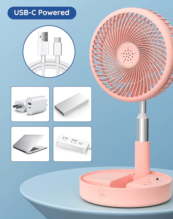 Primevolve Portable Fan,Battery Operated Rechargeable USB Fan with Remote, Foldable Floor Table Desk Pedestal Fan for Bedroom Camping Travel,Pink 7.7"