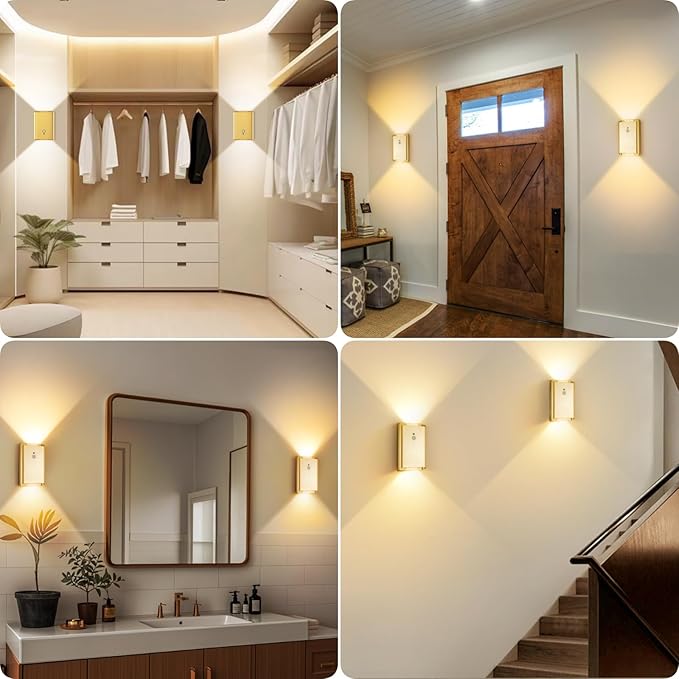 4 Pack Battery Operated Wall Lights - 5000mAh Rechargeable Motion Sensor Wall Sconce with Remote, 3 Colors Wireless Wall Lamp Magnetic Motion Sensor Night Light Indoor for Hallway Stairway, Gold