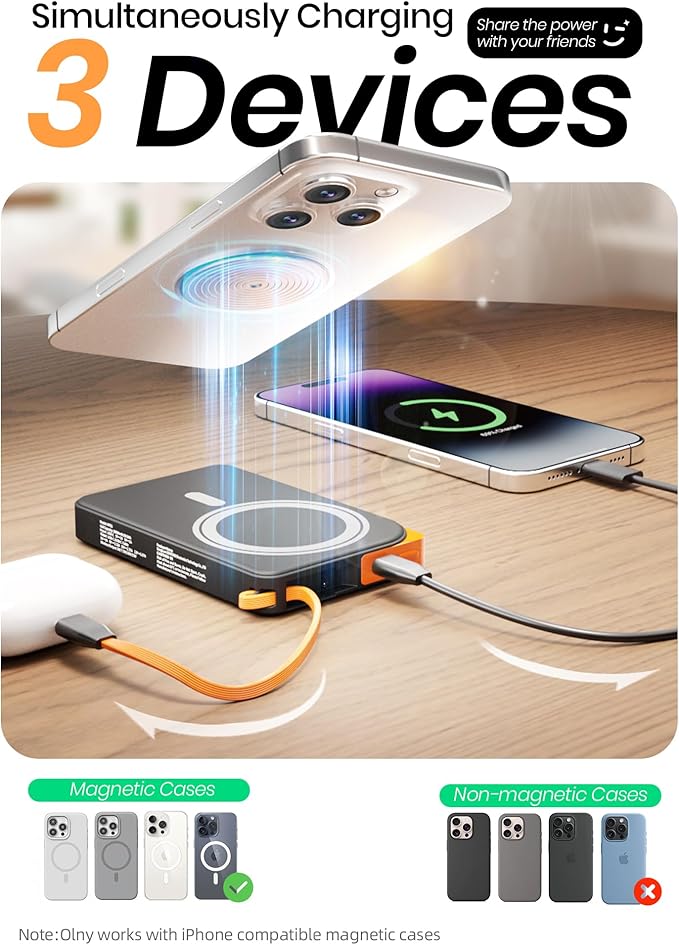 Magnetic Power Bank, for Magsafe Battery Pack with Stand, 10000mAh Wireless Portable Charger Fast Charging with Built in Cable(USB C), Powerbank for iPhone17/16/15/14/13/12 Travel & Daily, Blue