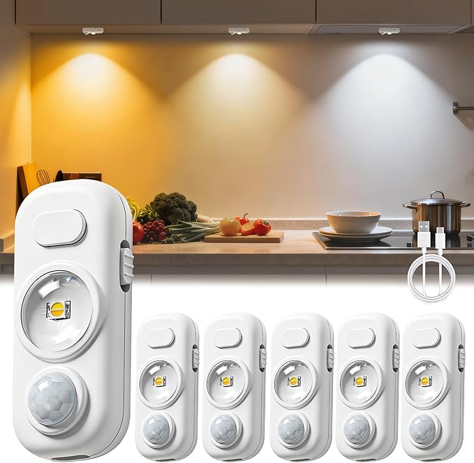 LOHAS 6-Pack Mini Rechargeable Motion Sensor LED Puck Lights, Stick-On Wireless Magnetic Night Lights, Adjustable Brightness, 3CCT, Dimmable Under Counter Lights for Drawer, Kitchen, Bedroom, White