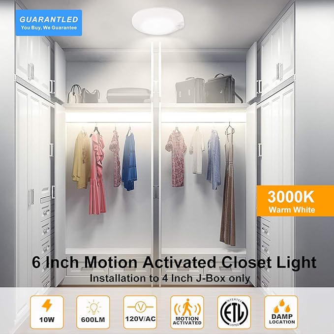 Closet Lights Motion Sensored Indoor Ceiling Mount LED-10W 3000K Closet Stair Porch Ceiling Pantry Motion Activated Light 6-7/8 Inch 90CRI 600lm Hardwire to Junction Box, No Battery, Damp Rated 4 Pack