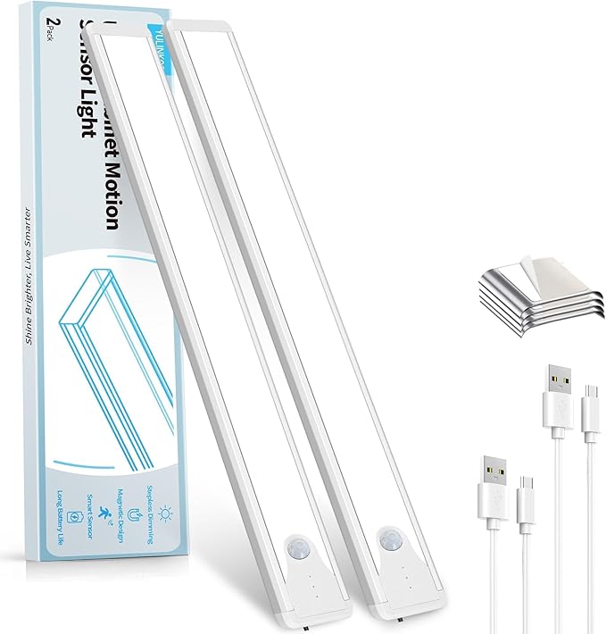 16 Inch Under Cabinet Lights, LED Rechargeable Magnetic Motion Sensor Light Indoor, Brightness Dimmable 6500K Stepless Dimming Closet Light, for Under Counter, Kitchen, Stairs, Closet, 2 Packs