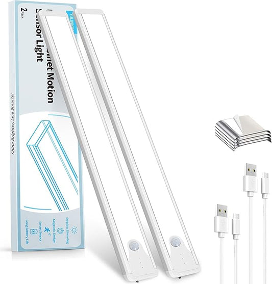 16 Inch Under Cabinet Lights, LED Rechargeable Magnetic Motion Sensor Light Indoor, Brightness Dimmable 6500K Stepless Dimming Closet Light, for Under Counter, Kitchen, Stairs, Closet, 2 Packs