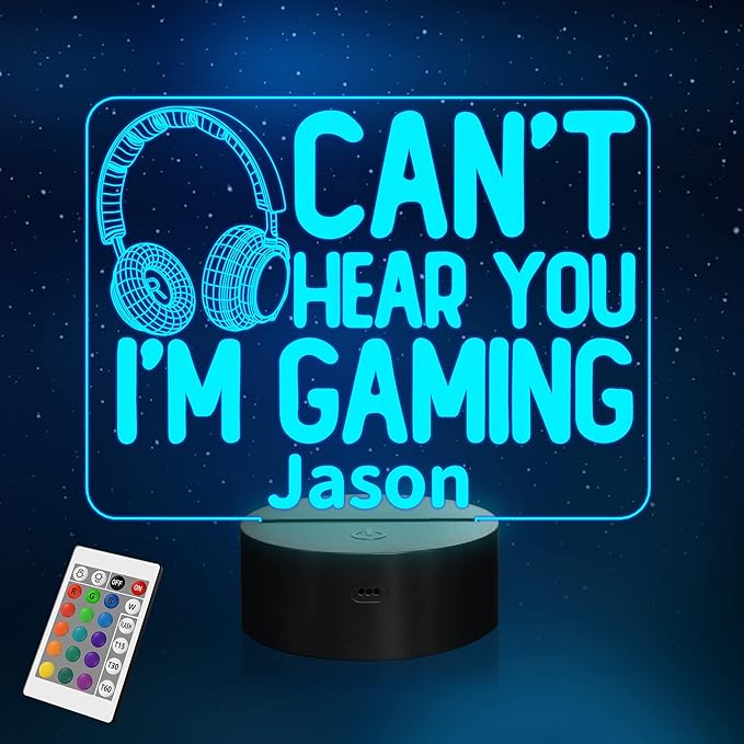 YuanDian Personalised Gamer Gifts, Can't Hear You I'm Gaming Night Light, Headset Graphic Video Games Funny 3D Illusion Lamp 16 Colors Changing Touch & Remote Control for Men Teenagers and Kids