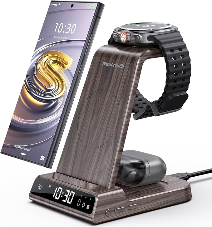 Wireless Charger for Samsung Charging Station: 3 in 1 Android Charging Stand with Dimmable Clock - Nightstand Organizer for Galaxy S25 Ultra, Galaxy Watch 8 7 6 5 4, Galaxy Buds (Not for iWatch)
