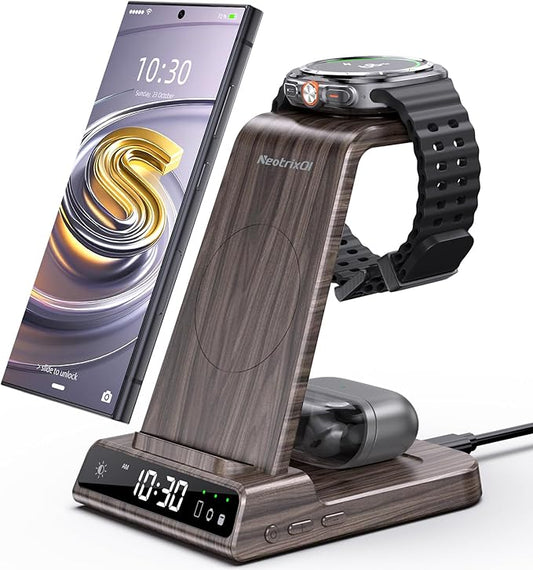Wireless Charger for Samsung Charging Station: 3 in 1 Android Charging Stand with Dimmable Clock - Nightstand Organizer for Galaxy S25 Ultra, Galaxy Watch 8 7 6 5 4, Galaxy Buds (Not for iWatch)