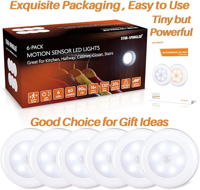 STAR-SPANGLED 6 Pack 2.8” Motion Sensor Lights Indoor AAA Battery Operated, Stick on LED Puck Light for Stairs, Under Cabinet, Closet, Cool White