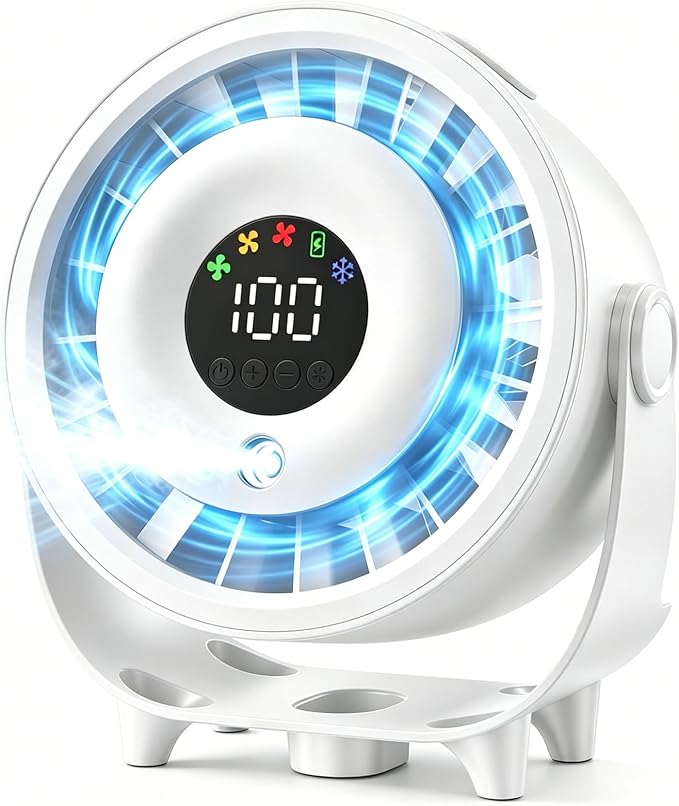 Ouddy Mode Small Desk Fan, 4000mAh Portable Misting Fan Quiet Table Fans with LED Display, Wall-Mouted Design USB Rechargeable Desktop Fans for Bedroom Travel Office Home Kitchen Outdoor White