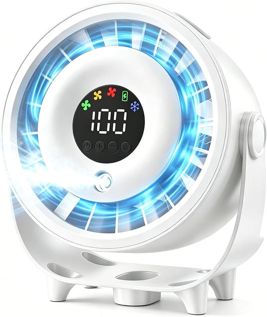 Ouddy Mode Small Desk Fan, 4000mAh Portable Misting Fan Quiet Table Fans with LED Display, Wall-Mouted Design USB Rechargeable Desktop Fans for Bedroom Travel Office Home Kitchen Outdoor White