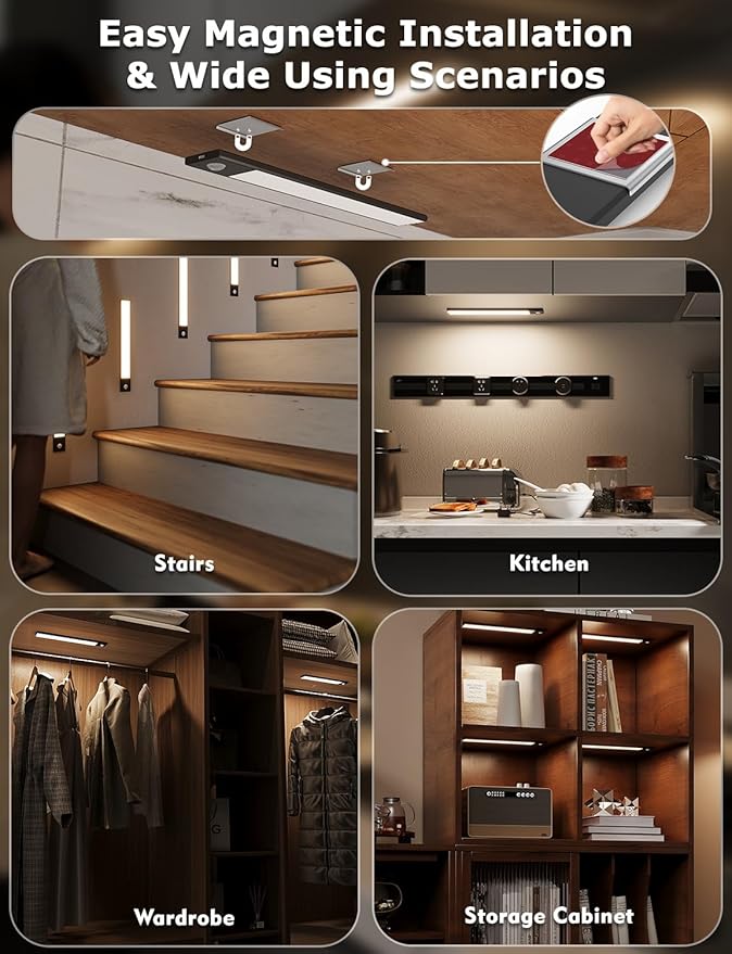 12" Ultra-Thin Under Cabinet Lighting Wireless, Aluminum Alloy Under Counter Lights for Kitchen, 3-Color-Temps Magnetic Closet Lights, Rechargeable Motion Sensor Light Indoor (4 Pack, Black)
