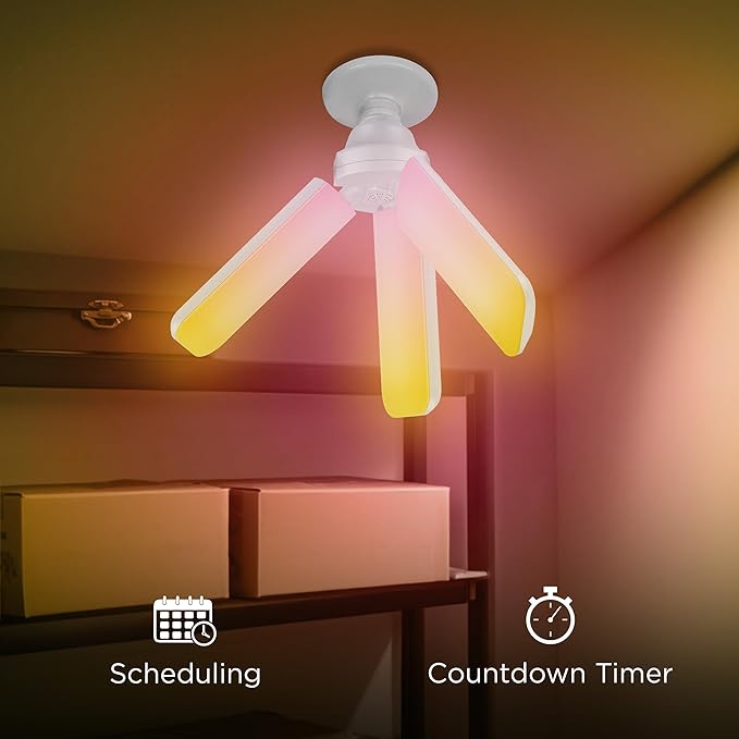 Feit Electric Smart LED Garage Light, 4000 Lumens RGBW Color Changing Deformable Panels, 2.4GHz WiFi App Control, Works with Alexa & Google, E26 Screw-in Ceiling Light for Garage ADJ4000/RGBW/LED/AG