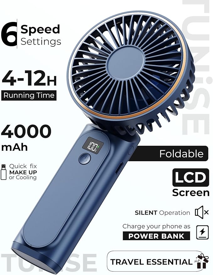 TUNISE Portable Handheld Fan, Portable Fan Rechargeable, 4000mAh, 180° Adjustable, 6 Speed Wind, Display Electricity in Real Time, USB Rechargeable Foldable F an, Quiet Personal Fan with Power Bank