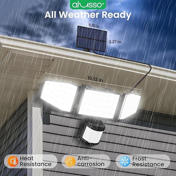 ALUSSO Solar Lights Outdoor Motion Sensor, 400LM LED Security Lights w/Remote, Dusk to Dawn/Auto/On Time Modes, CCT Adjustable 3000K-6500K, Dimmable IP54 Flood Wall Light for Garden Yard(1 Pack)