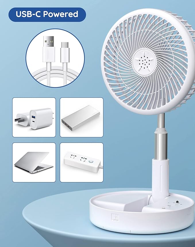 Primevolve Portable Fan,Battery Operated Rechargeable USB Fan with Remote, Foldable Floor Table Desk Pedestal Fan for Bedroom Camping Travel,White 7.7"