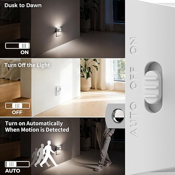 DORESshop LED Night Light[2 Pack], Night Lights Plug into Wall, 3 Mode Plug in Night Light with Motion Sensor, Dusk to Dawn Sensor, Nightlights for Adults, Bedroom, Bathroom, 5000K White Cover