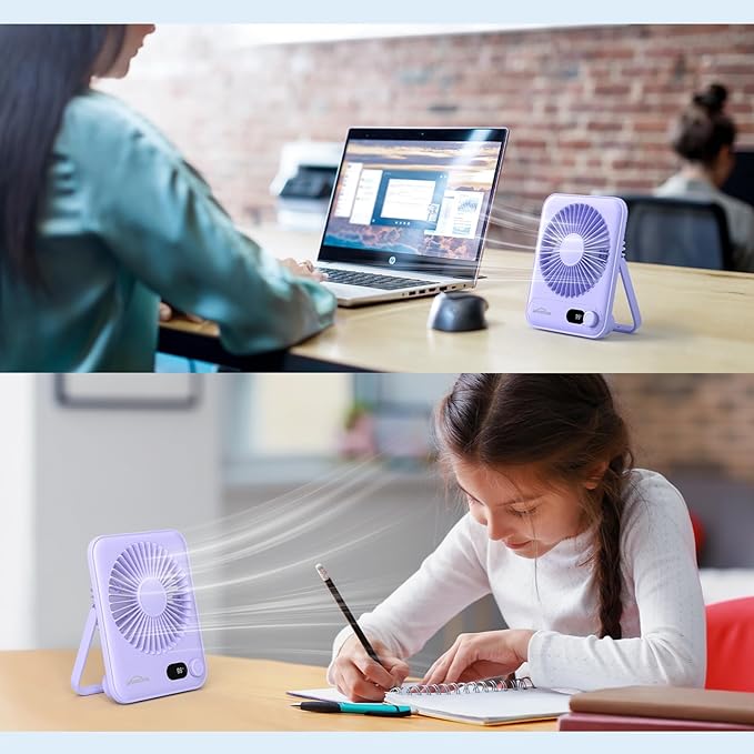 WHATOOK Small Desk Fan Personal Fans: 5000mah 25 Hours Battery Office Quiet Mini Desktop Fan Portable Rechargeable Travel Essentials (Purple, 5000 mAh)
