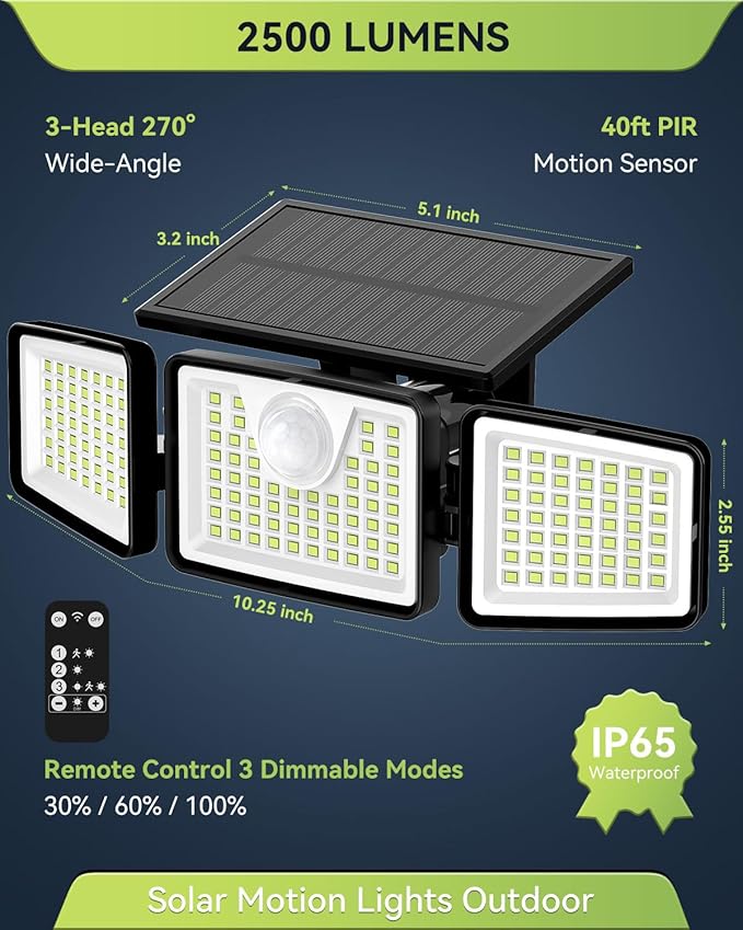 daphino 2500LM Solar Lights Outdoor with Motion Sensor,3 Head 270° Wide Angle Street Area Lights,IP65 Waterproof Security Lighting with 3 Modes(Remote,3 Pcs)