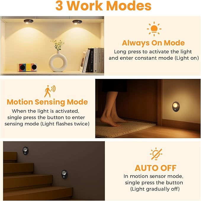Motion Sensor Puck Lights, 3 Color Temperatures Dimmable Under Cabinet Lights, USB-C Rechargeable Magnetic Closet Lights, Wireless Cabinet Lights for Drawer, Shelf, Kitchen, Black, 4 Pack