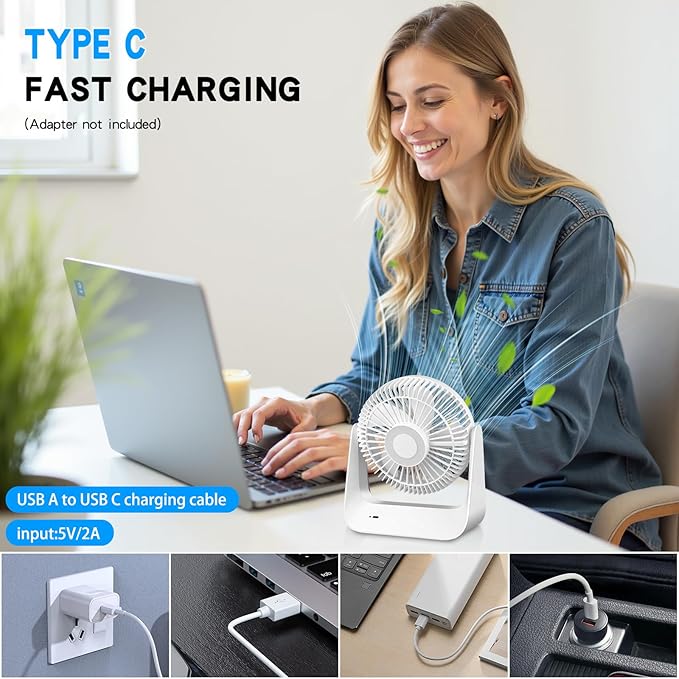 5000mAh Small Desk Fan 6-Inch, Portable Desktop Fan with Intelligent temperature control function,Small Battery Operated USB Fan with Light & Hook for Bedroom, Home, Office, Travel & Cruise