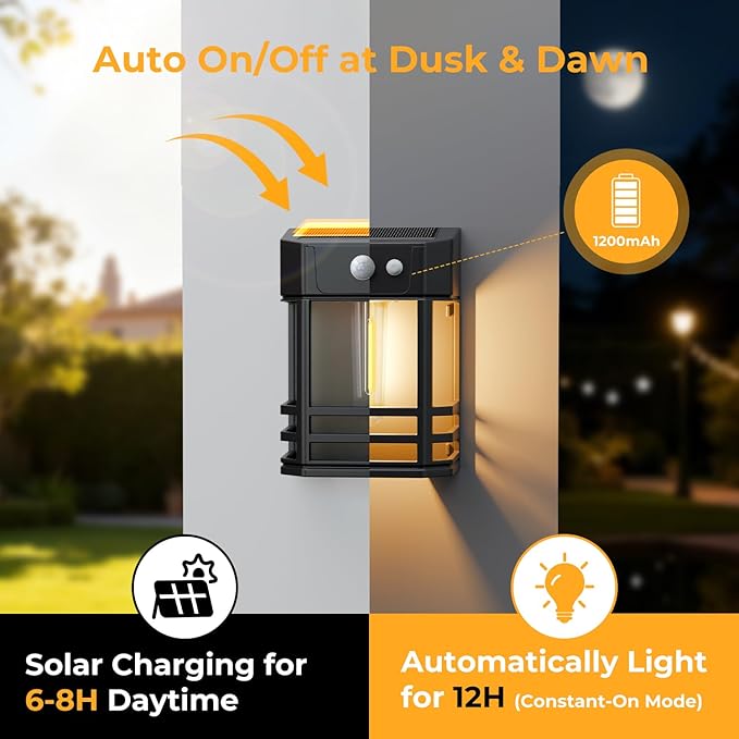 btfarm Solar Wall Lights Outdoor,3 Modes Motion Sensor Lights Dusk to Dawn, IP65 Waterproof Porch Light Solar Powered, 1200mAh Wireless Wall Mount Sconces for Outside Patio, Garage, Yard