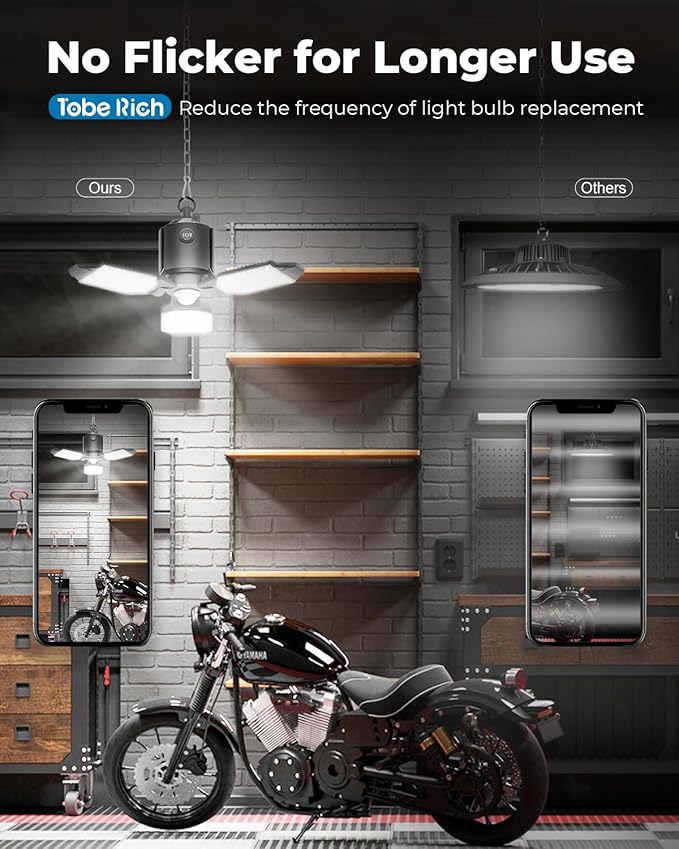 toberich 2 Pack Plug in Motion Sensor Garage Light - 8000LM Shop Light with 3 Modes, 3 Deformable LED Panels, 6500K Indoor Motion Sensor Light Bulb for Garage, Laundry Room, Basement